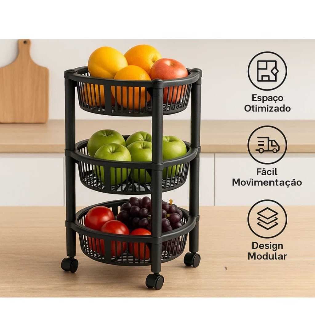 Fruteira Organizador Frutas Cesto 3 Andares Multiuso Chão Redonda Suporte Mesa