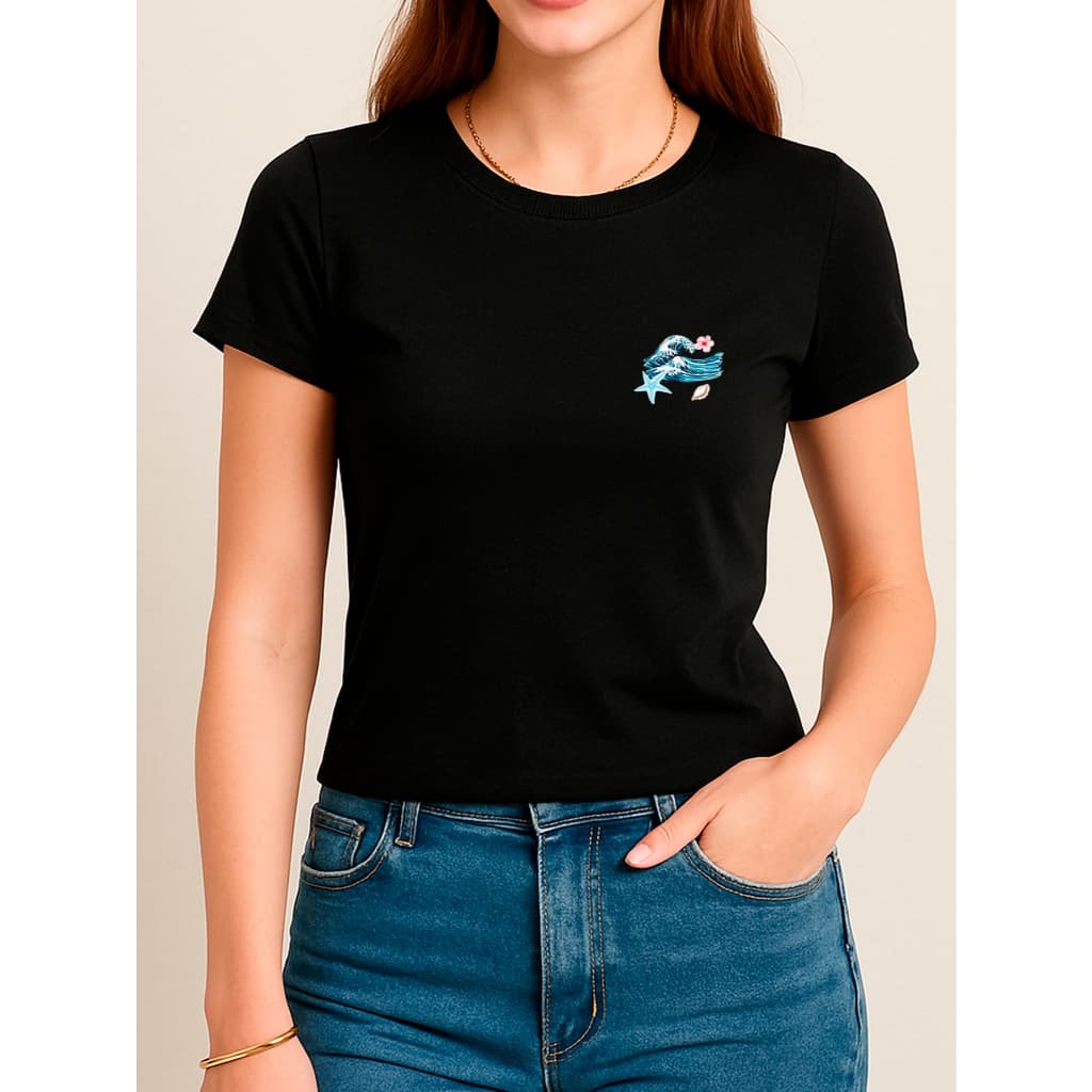 Camiseta Babylook Feminina Estampada 100% Algodão Onda do Mar Florido Flores Minimalista Moda Tendência