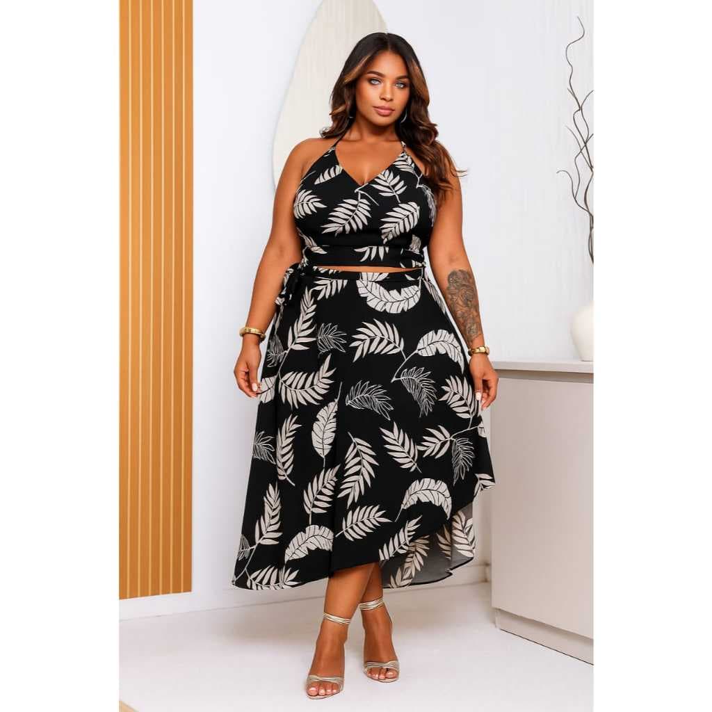 VESTIDO FEMININO conjunto cropped e saia  envelope . Vestido longo feminino plus sizes  tecido crepinho estampado