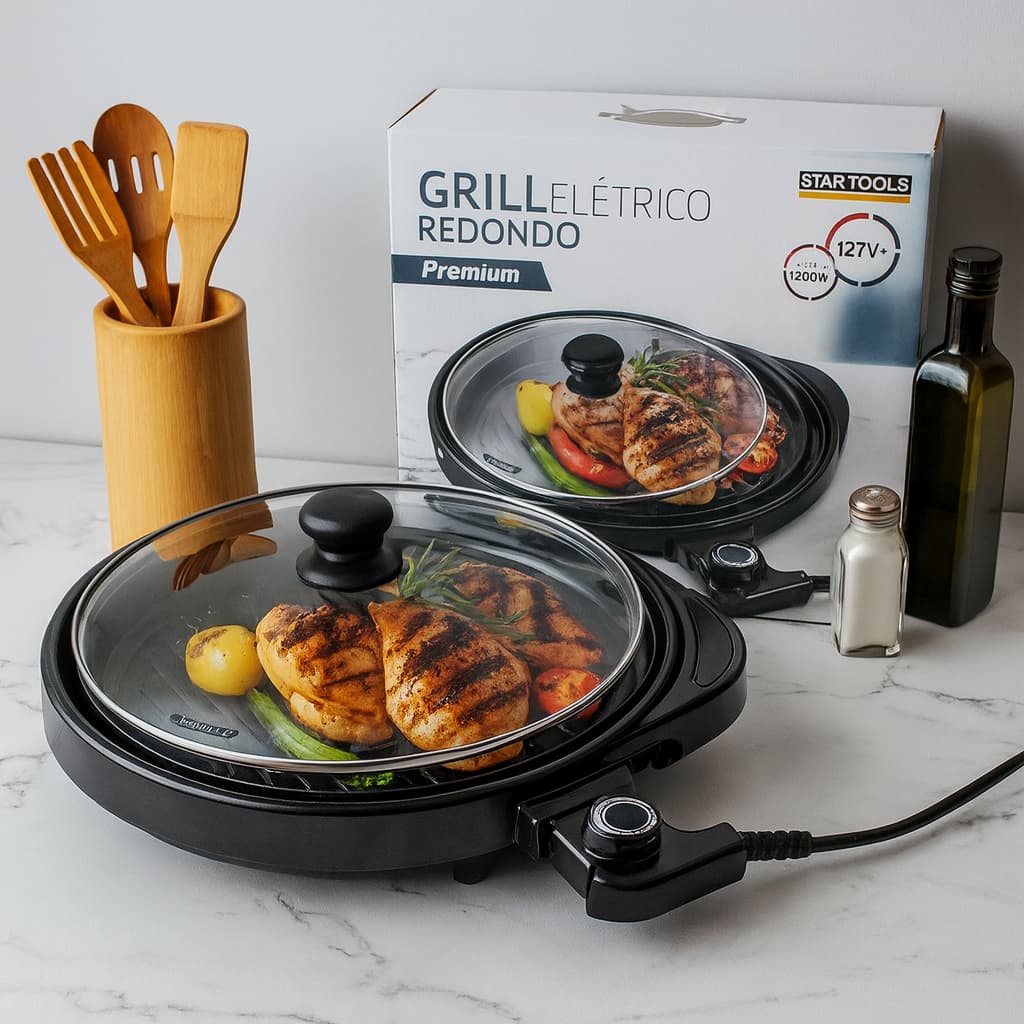 Grill Elétrico Redondo Premium Termostato 220V ou 127V Grelhado Rápido Saudável Churrasqueira Panela