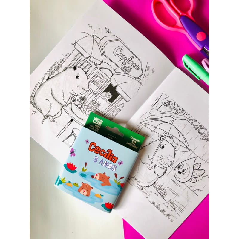 kit livros de colorir + lápis de cor personalizado tema capivara-kit livros de colorir personalizado para lembrancinha