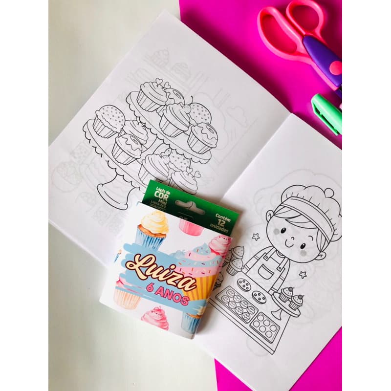 kit livros de colorir + lápis de cor personalizados tema confeitaria-kit livros de colorir personalizado p lembrancinhas