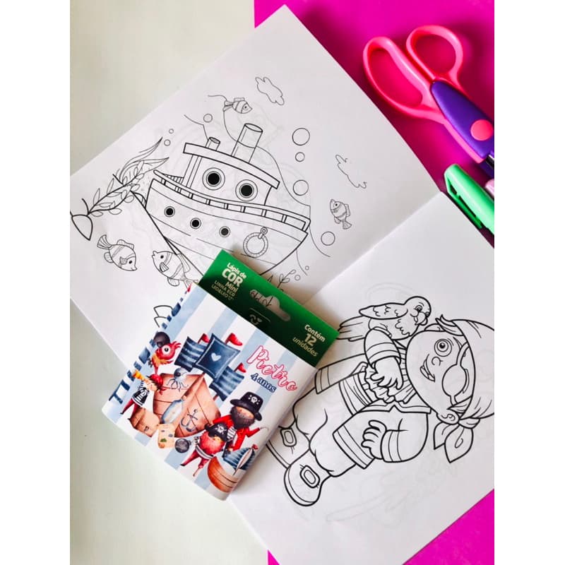 kit livros de colorir + lápis de cor personalizados tema Piratas -kit livro de colorir personalizado p lembrancinha