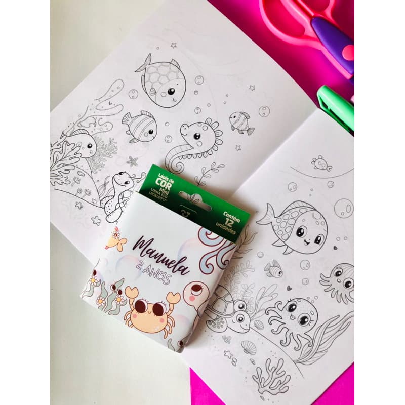 kit livro de colorir + lápis de cor personalizados tema fundo do mar -kit livro de colorir personalizdo p lembrancinha