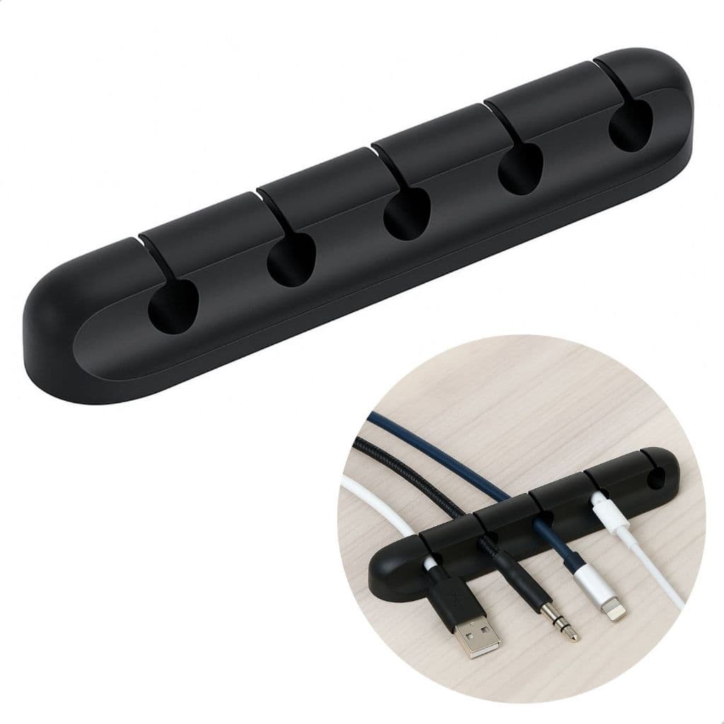 Organizador de Cabos e Fios em Silicone Flexível 5 Entradas – Suporte Adesivo para Mesa e Escritório