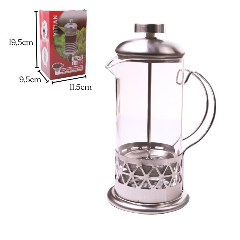Cafeteira Prensa Francesa de Vidro 350ml Inox Resistente Cremeira Com Tampa Preto Prata Presente