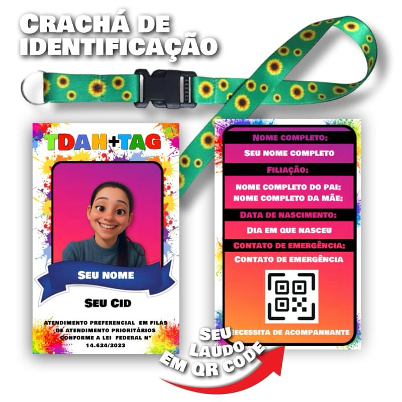 kit Cordão Girassol + Crachá + Carteirinha TDAH+TAG com Qr Code e Laudo Médico e receitas dentro