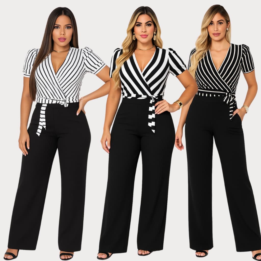 Macacão Feminino Listrado Manga Curta Pantalona Social Elegante chique com malha canelada decote em  V moda feminina