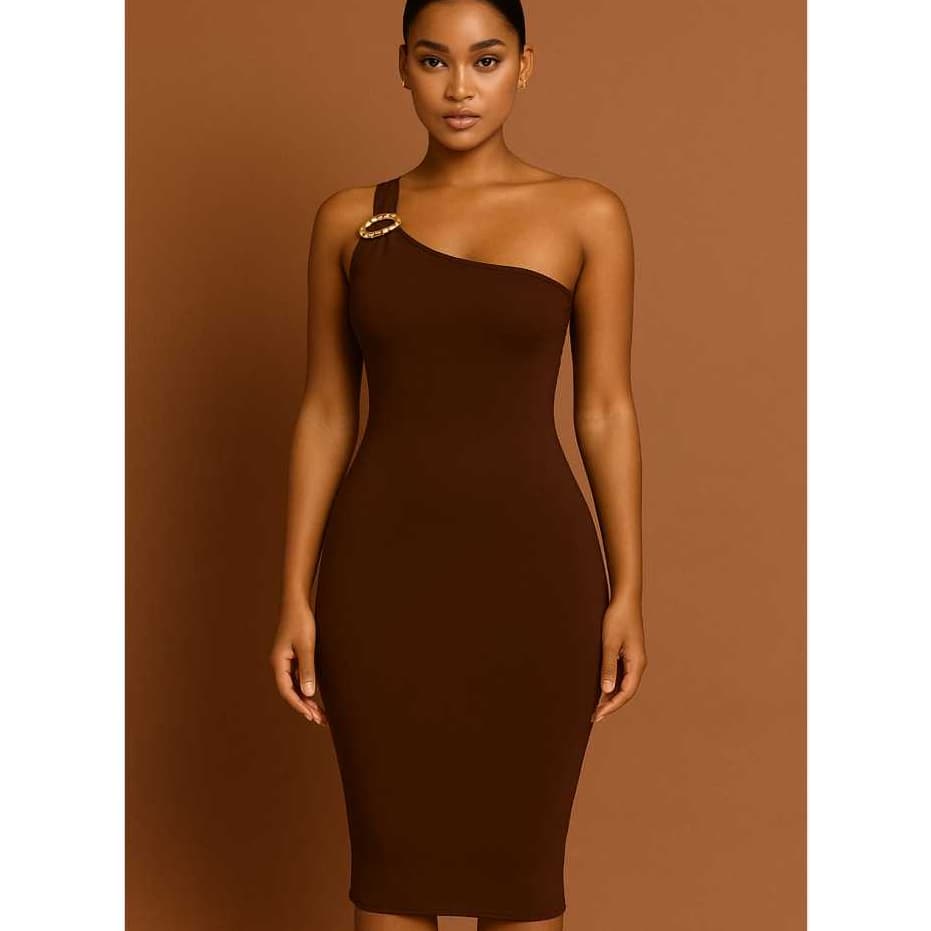Vestido feminino fivela  organica ombro só, midi no tecido suplex premiun tendencia