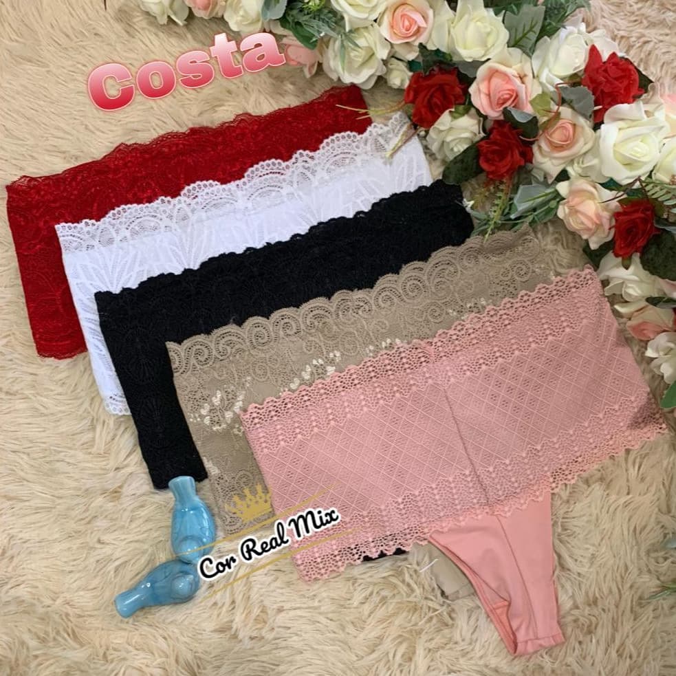 Calcinha Feminina Fio Duplo Cós Alto com Renda | Kits 5/10/20
