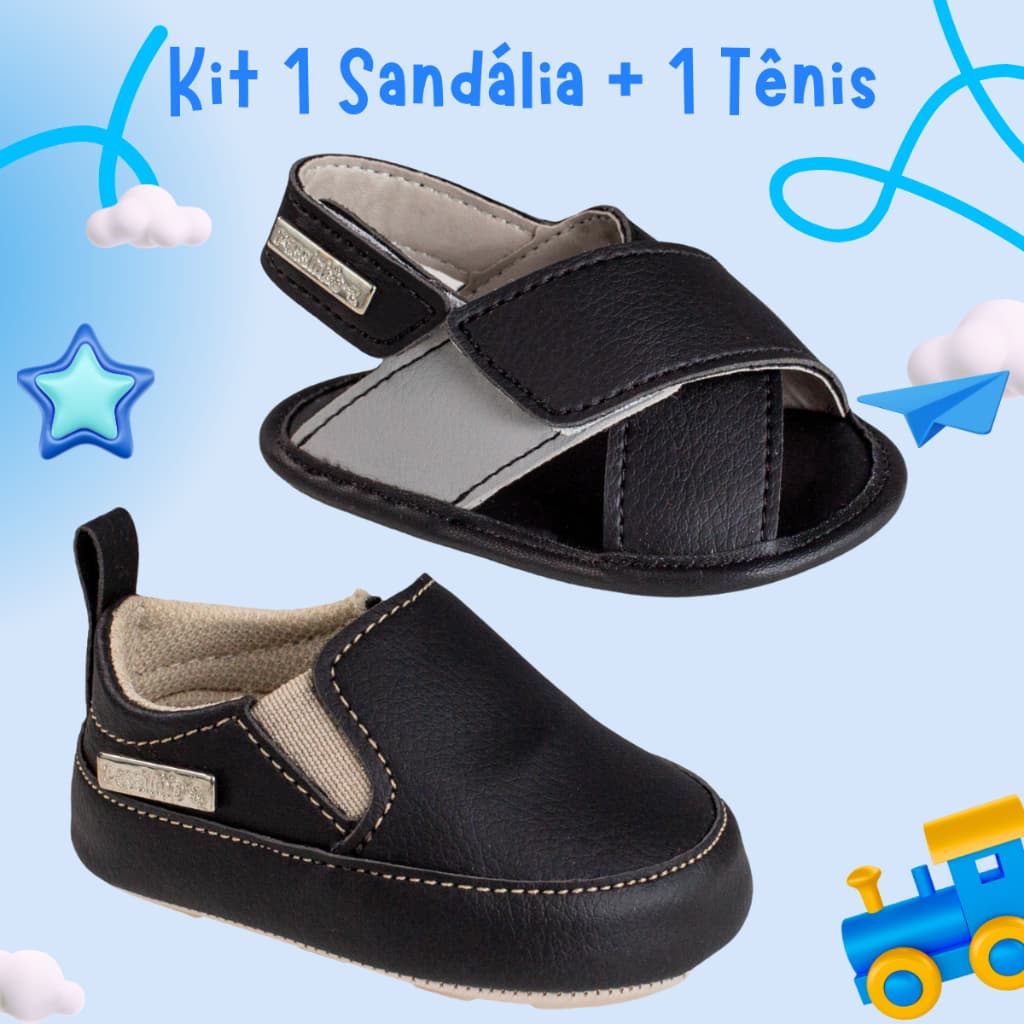 Kit 1 Sandália Infantil Menino Bebê + 1 Tênis  Confortável Sola Antiderrapante Primeiros Passos Leve