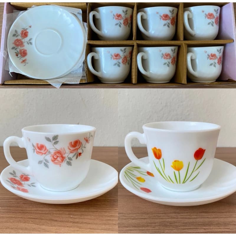 Jogo de Xícaras de Café com Pires Porcelana Decorada 12 Peças Modelos Sortidos Presente Mesa Posta