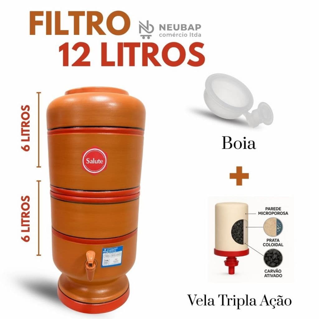 Filtro de Barro de Água 12 litros + Vela Tripla Ação + Boia Reguladora + Acessórios
