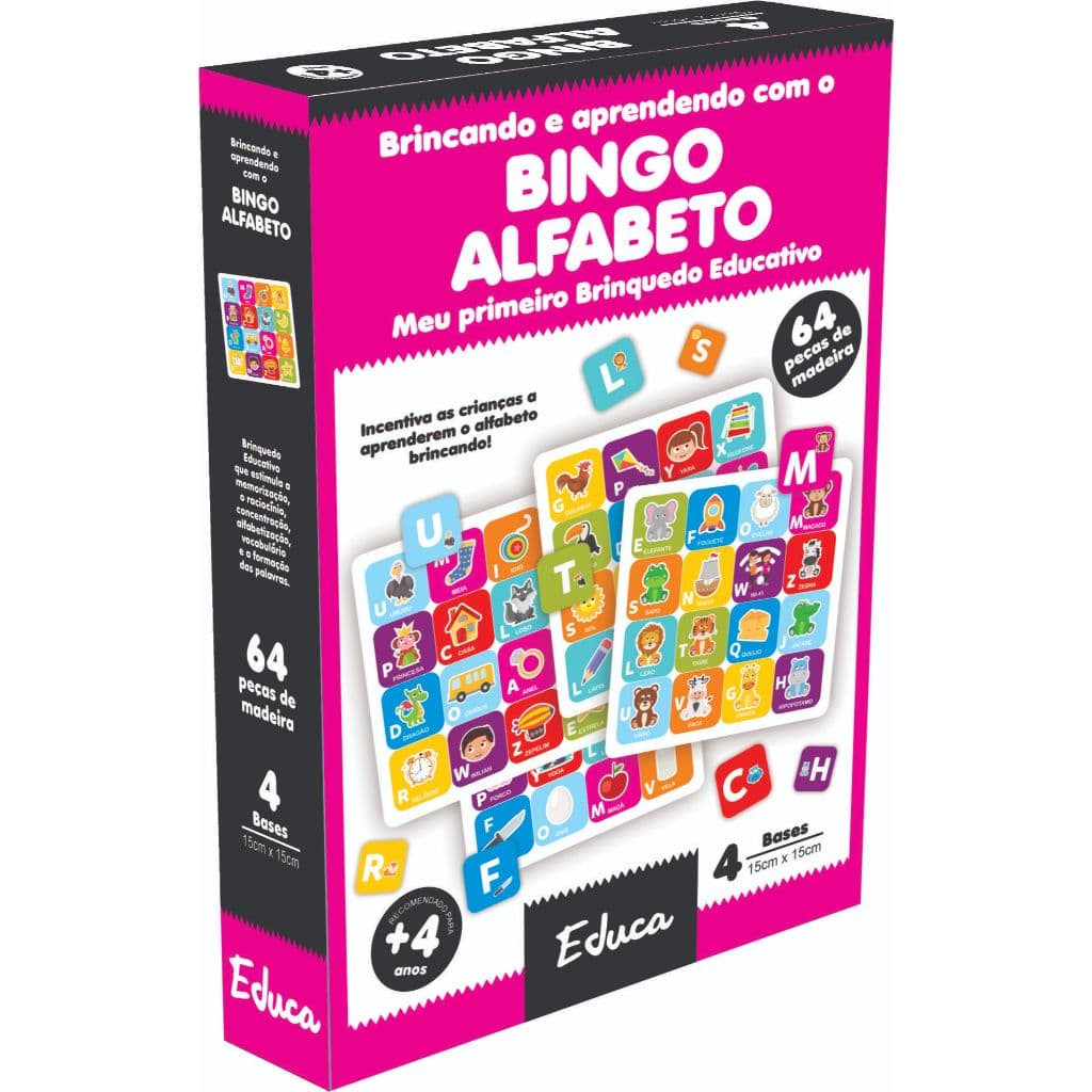 Jogo Educativo FBingo Alfabeto 64 peças e 4 bases de Madeira Educadidática