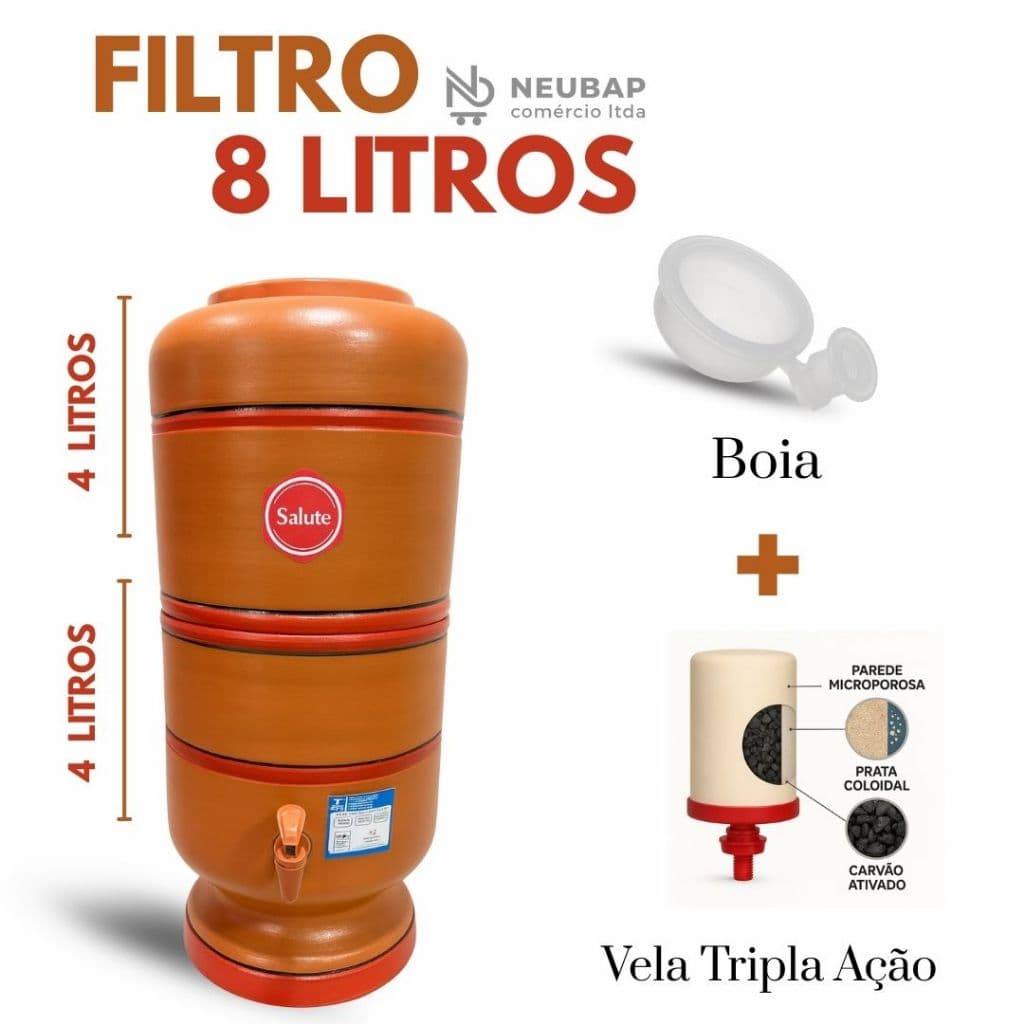FILTRO DE BARRO PURIFICADOR DE ÁGUA 8 LITROS + VELA TRIPLA AÇÃO + BOIA REGULADORA