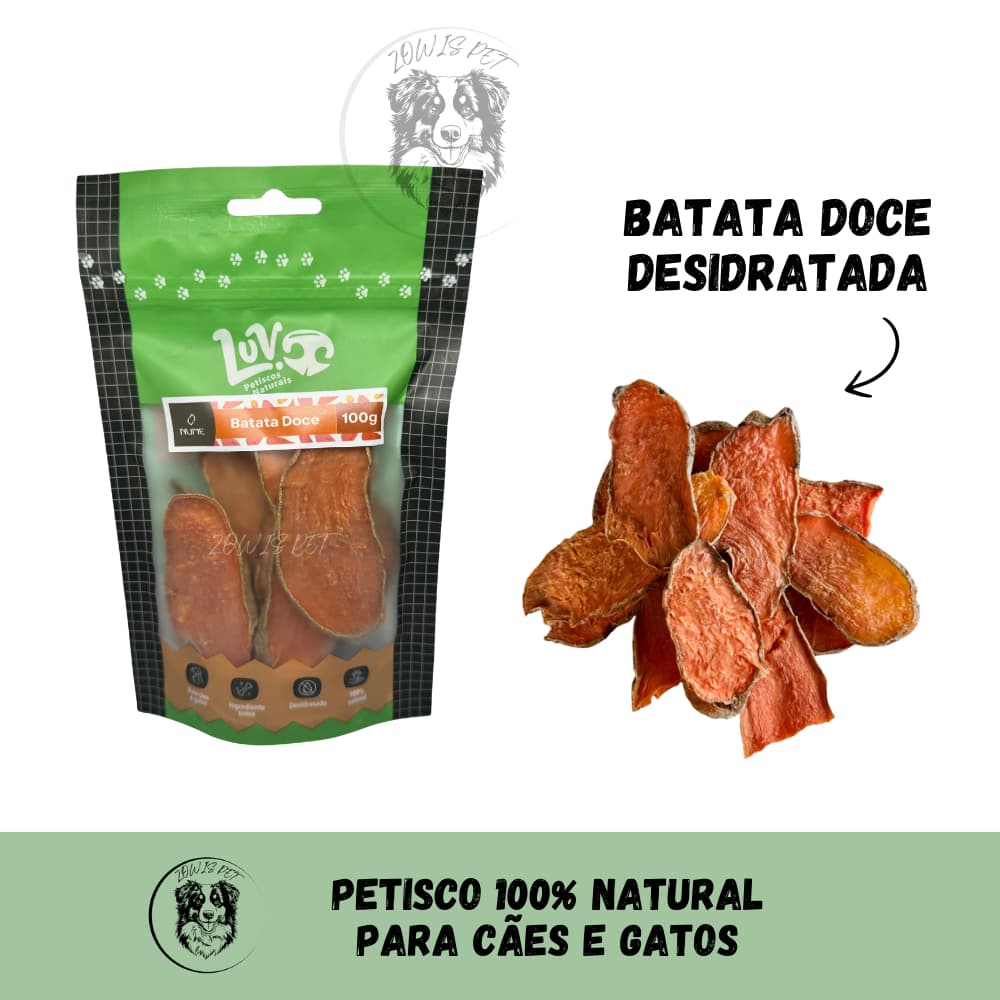 Petisco Natural Desidratado Snack de Batata Doce 100g Para Cães e Gatos - Luv Petisco