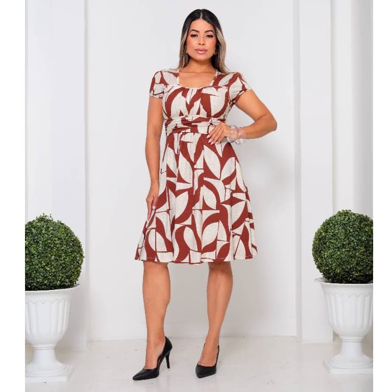 Vestido Mídi Estampado Gola Quadrada Moda Evangélica M G e GG