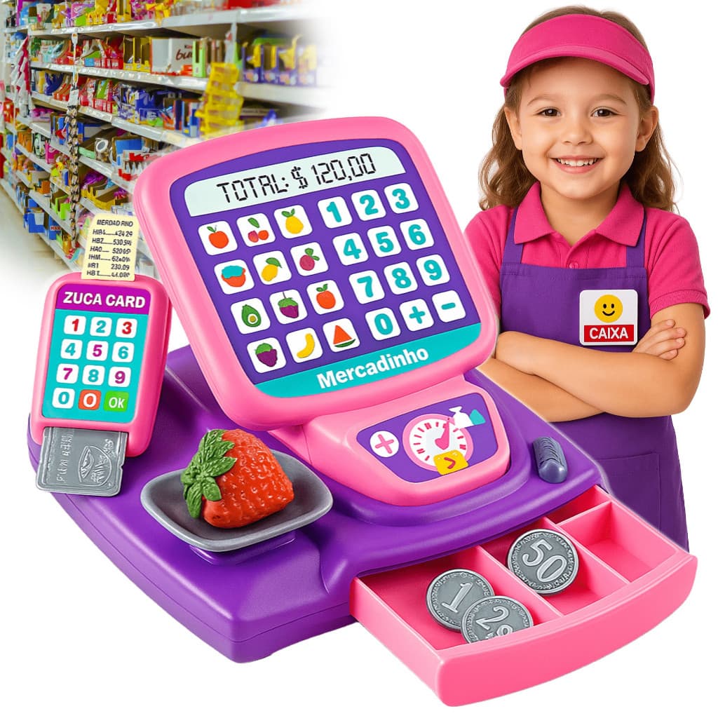 Caixa Registradora Infantil Brinquedo Moedas Dinheiro Cartão