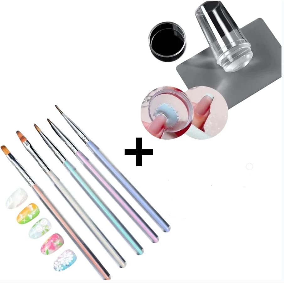 KIT COM Kit 5 Pincéis Para Unhas Nail Art+Carimbo de Unha Transparente