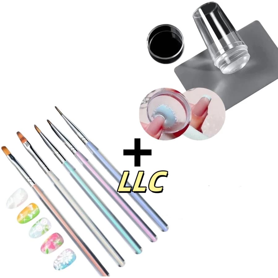 KIT Kit 5 Pincéis Para Unhas Nail Art+Carimbo de Unha Transparente