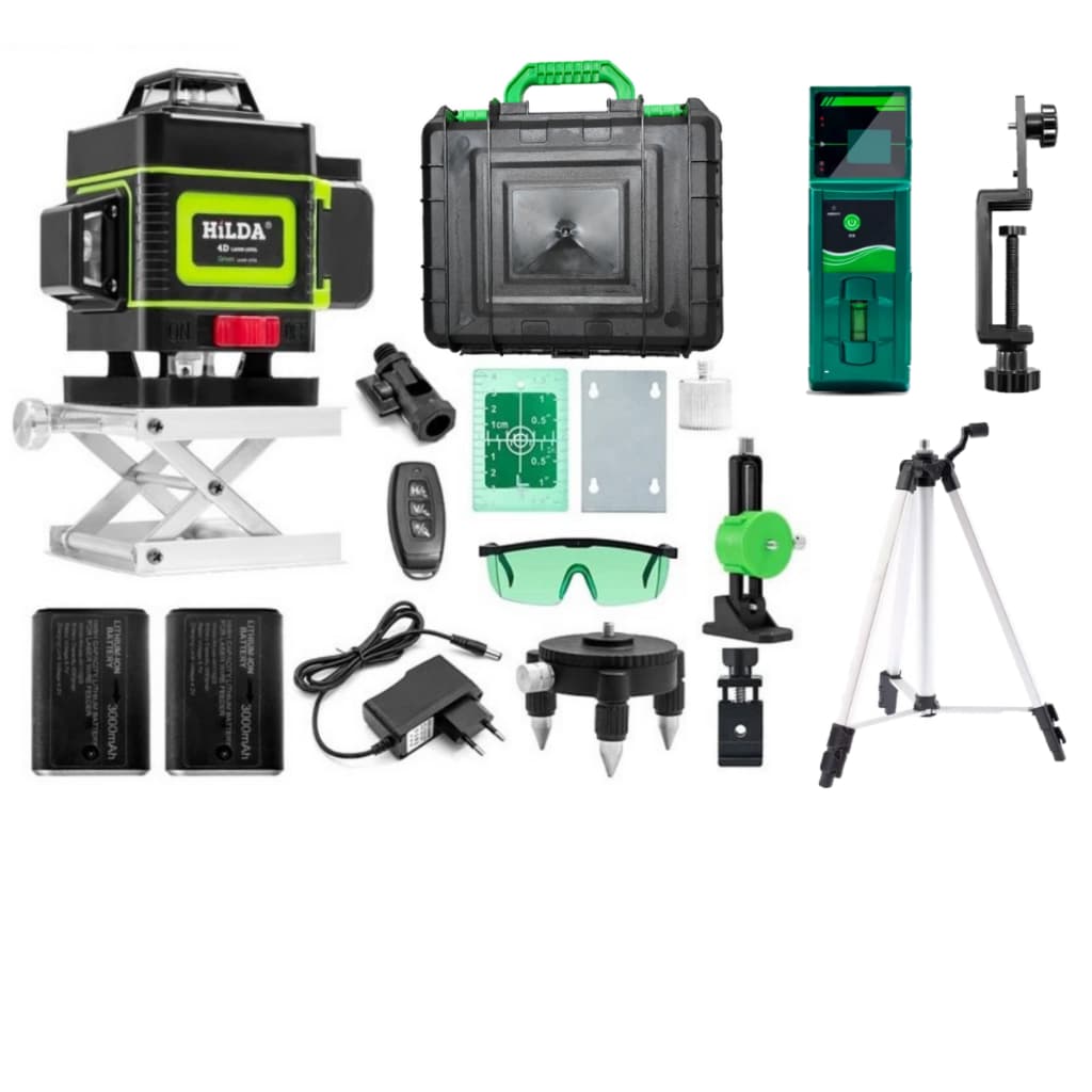 Nível Laser 16 Linhas Display Verde 2 Baterias Litio Receptor Tripé Alumínio 1,5m Área Externa HILDA