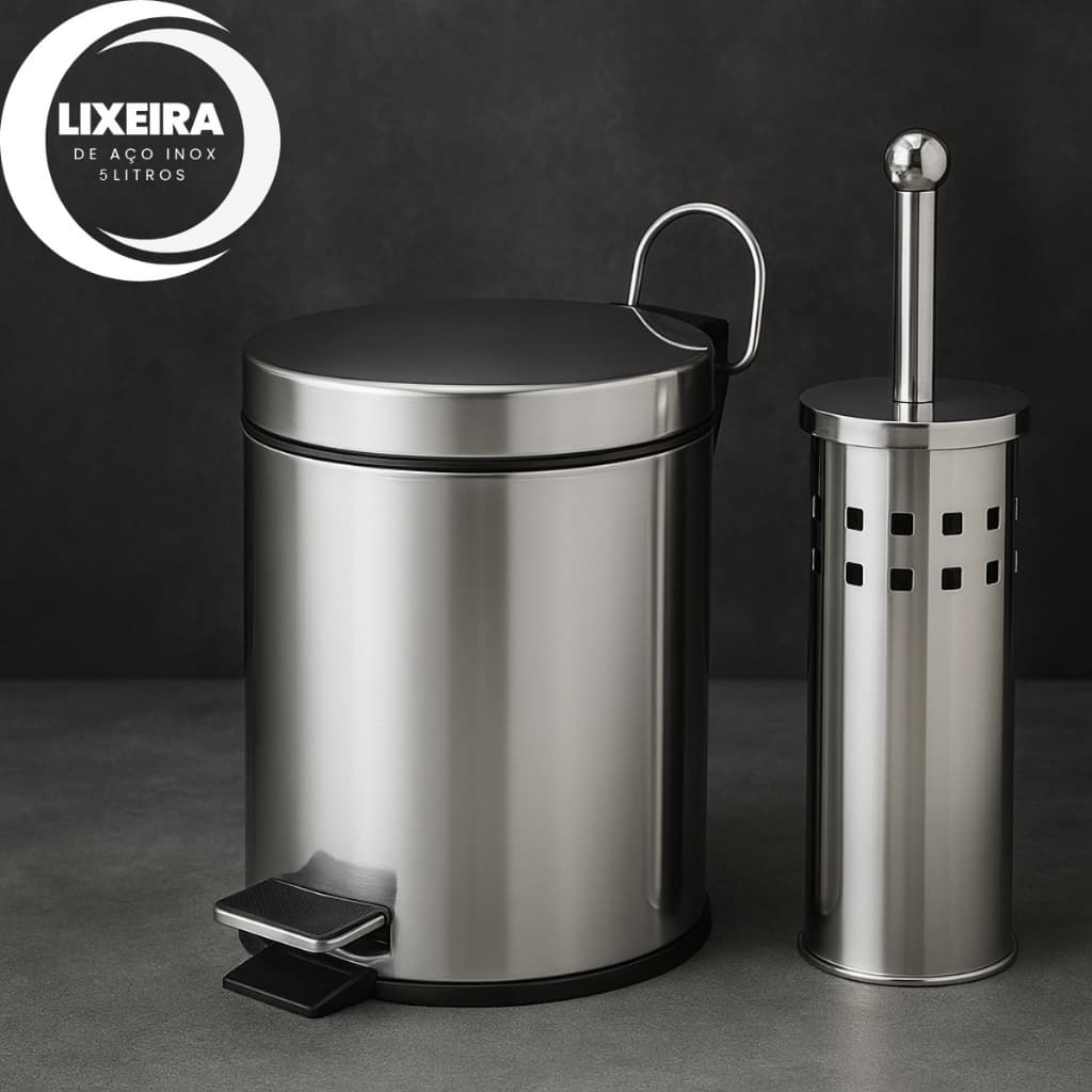 Lixeira Banheiro Inox  Premium  Escova Sanitária Suporte Pedal Silencioso Amortecedor Tampa
