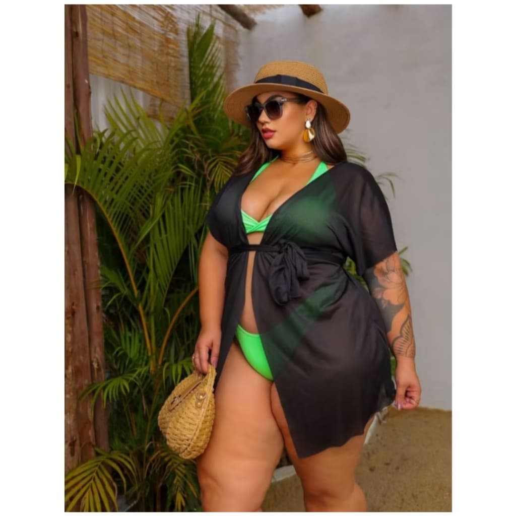 Saida de praia Kimono Curto Com meia Manga Plus size com Cordão na cintura
