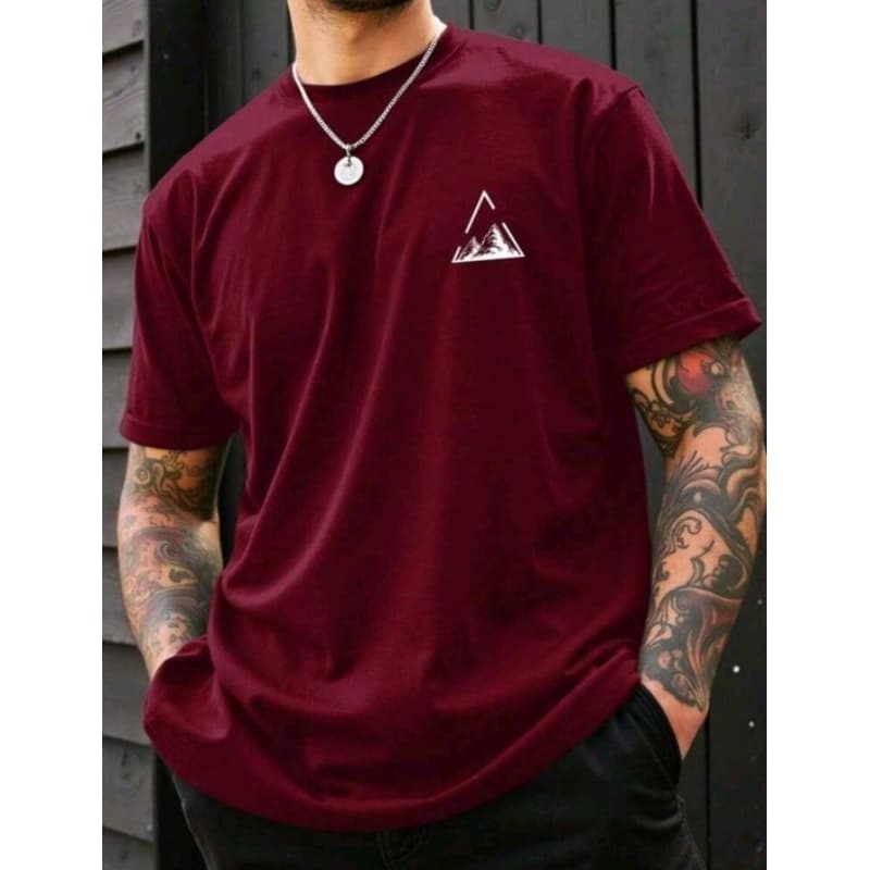 Camiseta Casual de Manga Curta com Estampa Geométrica de Montanha para Homens Street Moda