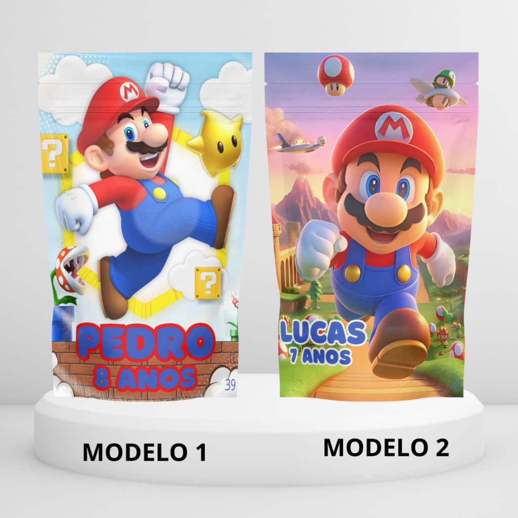 Saquinhos Metalizado 10x15 ou 12x19 Com Zip Lembrancinhas Stand Up Pouch zip Hérmetico Super Mario e outros Temas