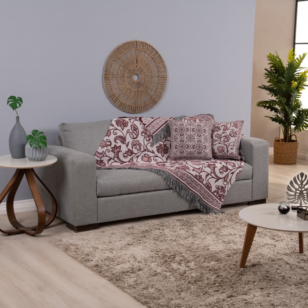 Kit Xale Para Sofá Com Franja Grécia 5 Peças 1,35m x 1,35m C/Almofada Vinho