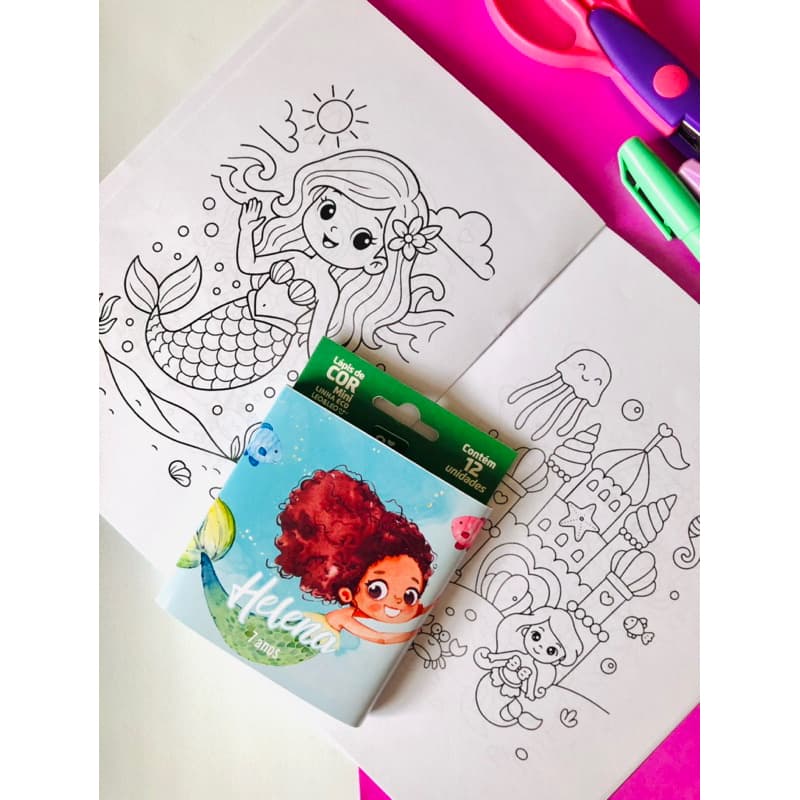 kit livros de colorir + lápis de cor personalizados tema sereia baby -kit livro de colorir personalizado p lembrancinha
