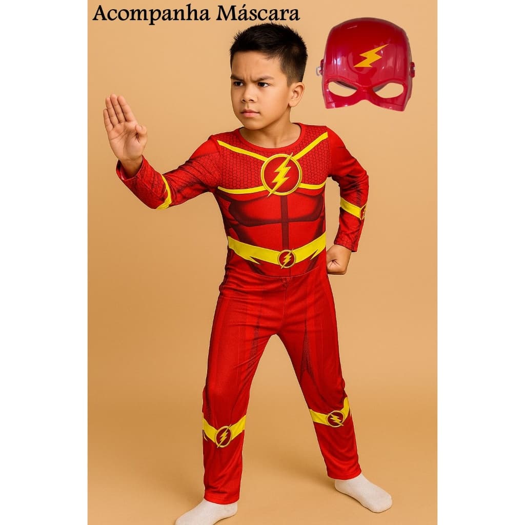 Fantasia Infantil Menino do Flash Longa com Enchimento e Máscara de Plastico