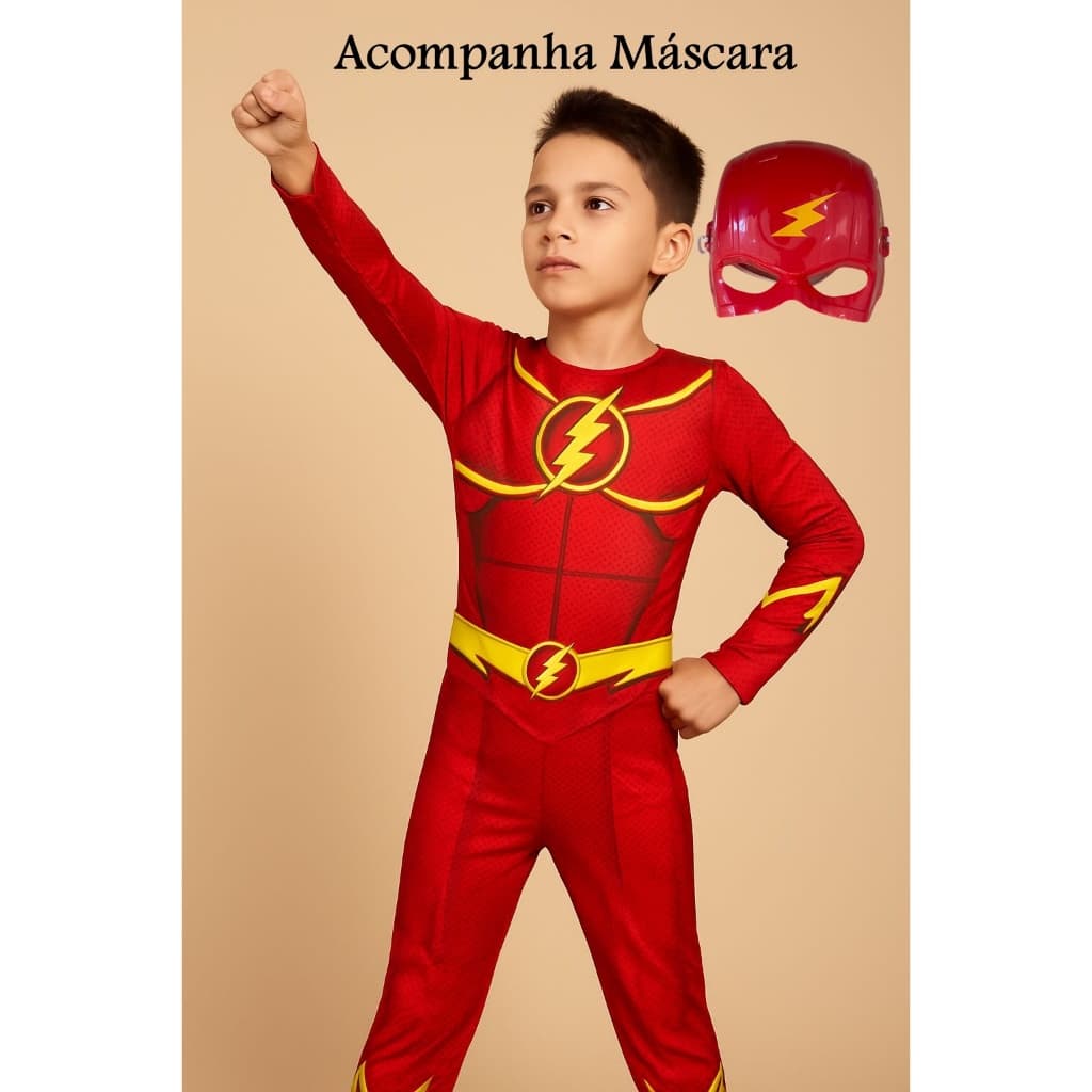 Roupa Fantasia Infantil do Flash longa com Enchimento e Máscara Festa de Menino