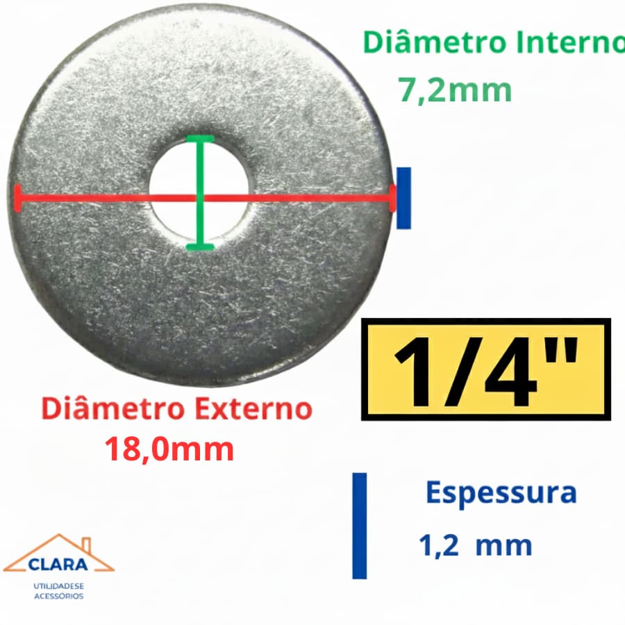 KIT 100 PEÇAS ARRUELA LISA FERRO ZINCADO 1/4 POLEGADA