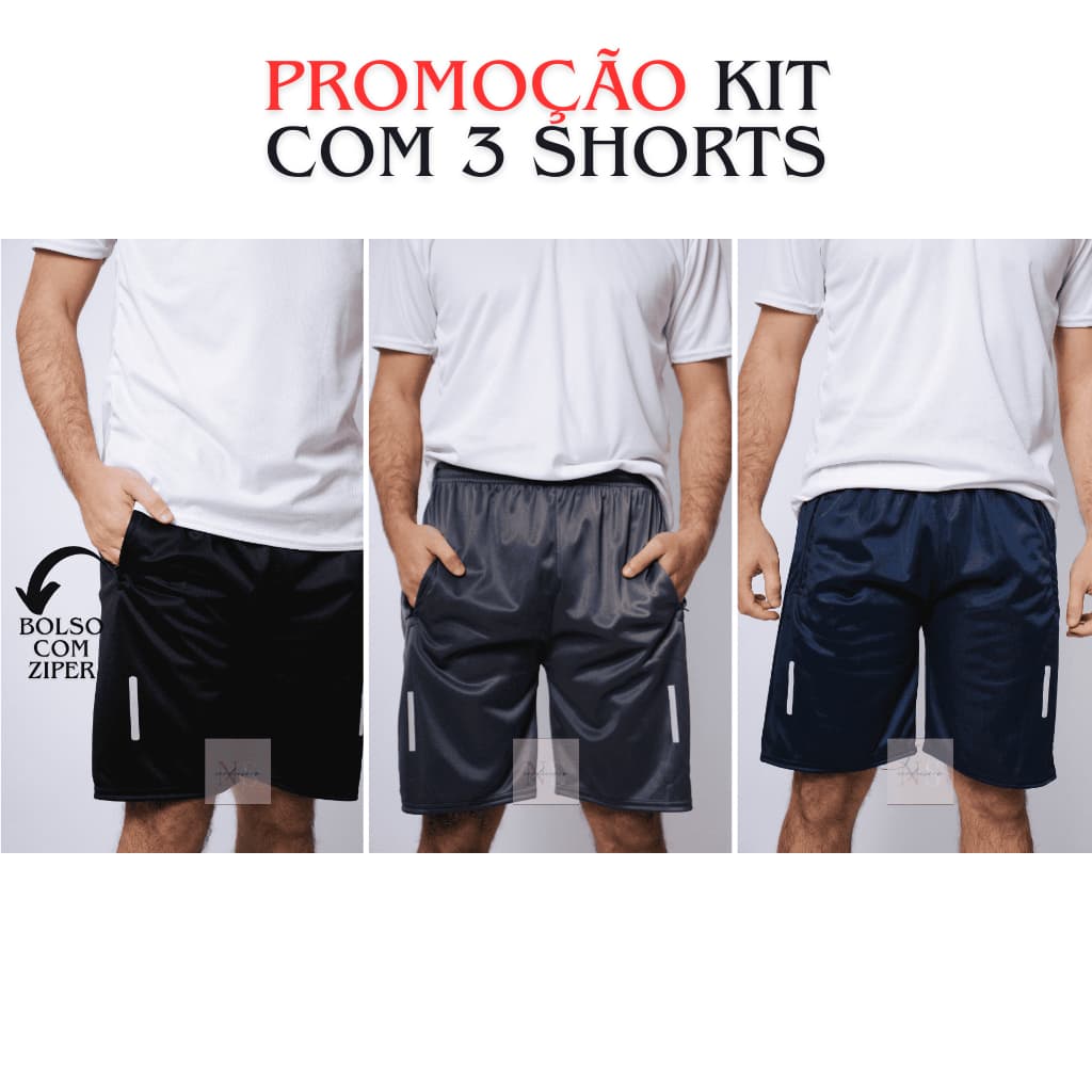 BERMUDA MASCULINA LISA COM REFLETIVO NAS PERNAS - KIT COM 3 BERMUDAS