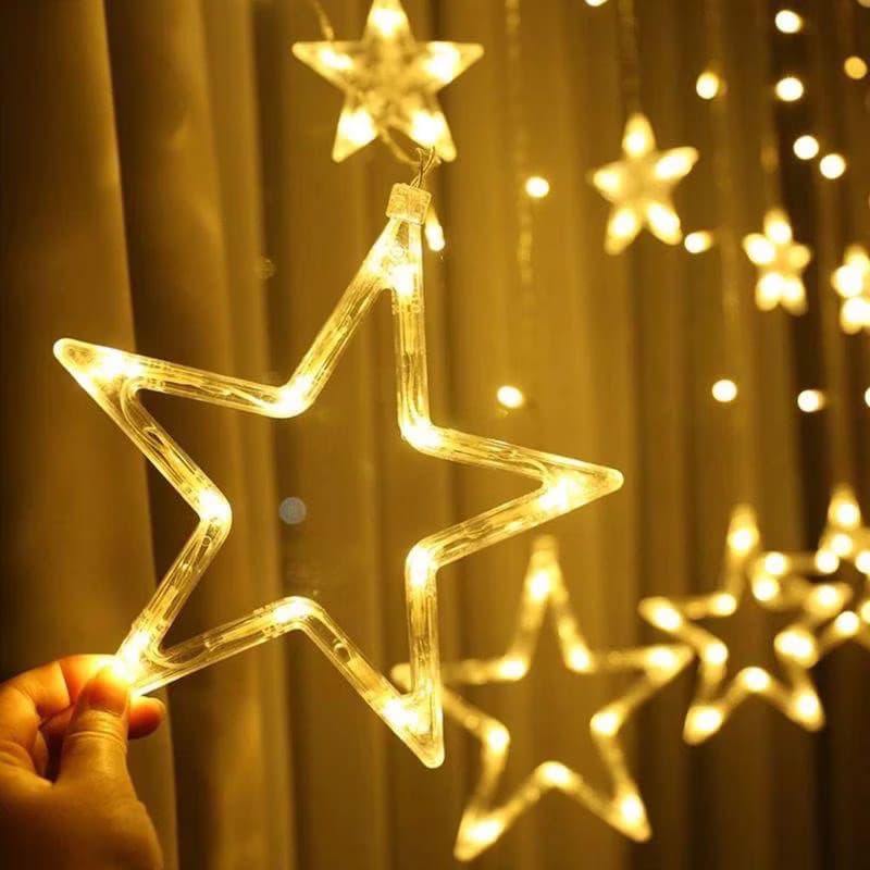 Cascata Decoração de Natal Lua Estrela 138 Leds com 8 Funções 2m Caixa de bateria e interface USB