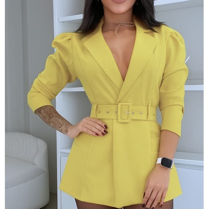 Blazer Feminino Alfaiataria Curto Macaquinho Elegante Com Cinto  social