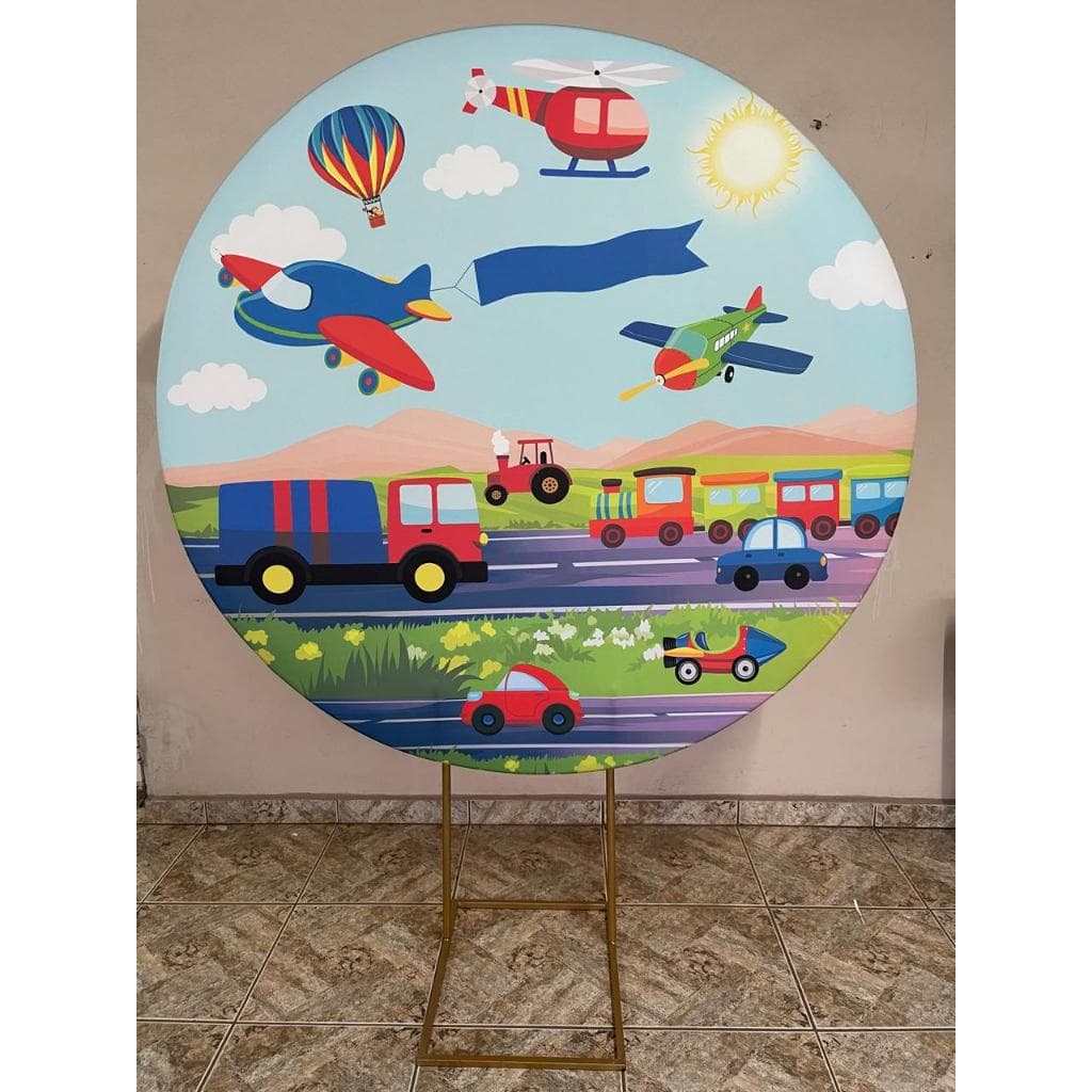 Capa para painel de Festa Redondo 1,50 mts Malha Sublimado Carros Transportes Helicóptero aviao