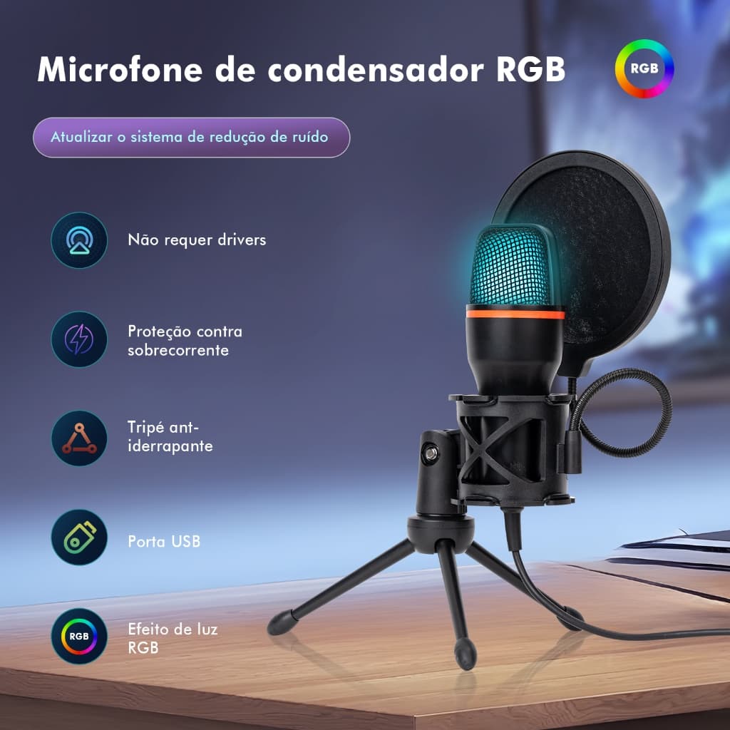 Microfone de Condensador USB com RGB, Cancelamento de Ruído e Plug & Play