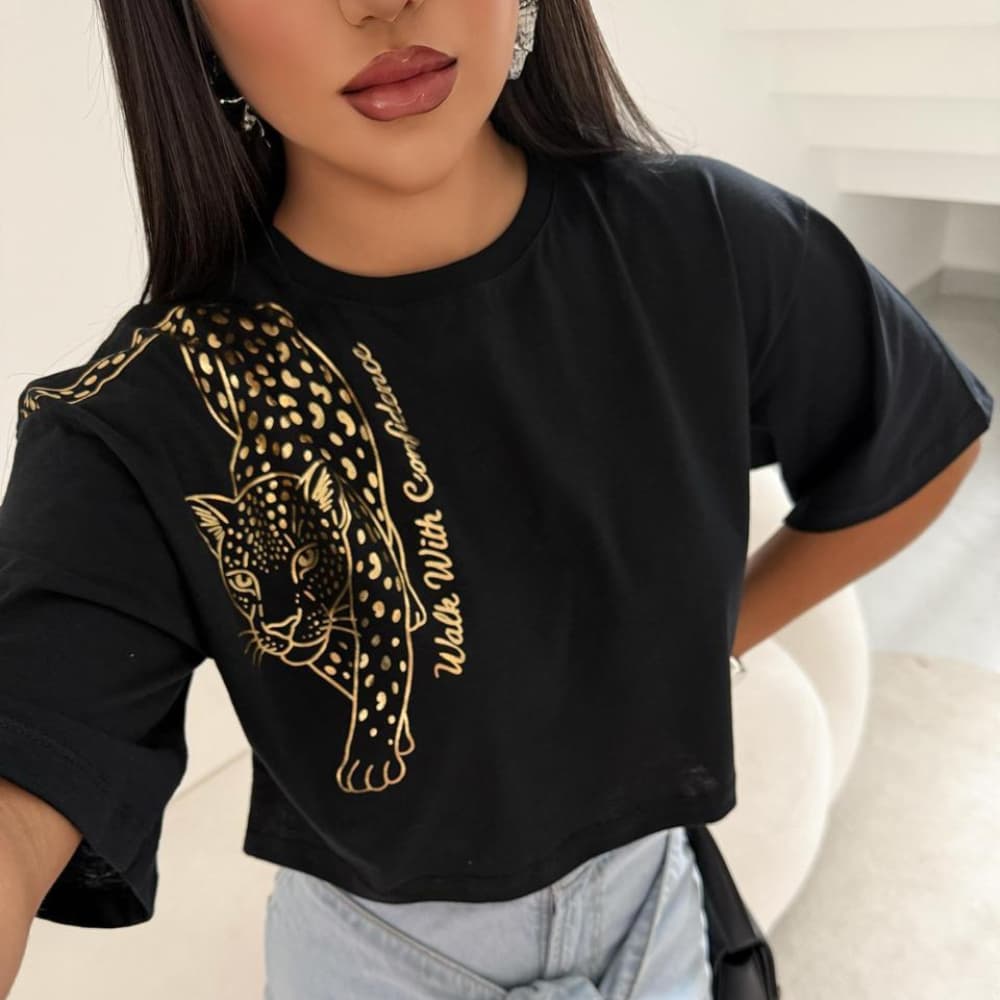 Cropped Oversized Feminino Estampado Onça c/ Foil 100% Algodão