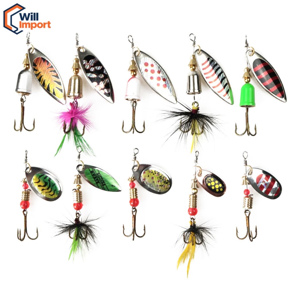 Kit de 10 Iscas Metálicas de Pesca com Caixa – Iscas Giratórias Combinadas para Pesca ao Ar Livre