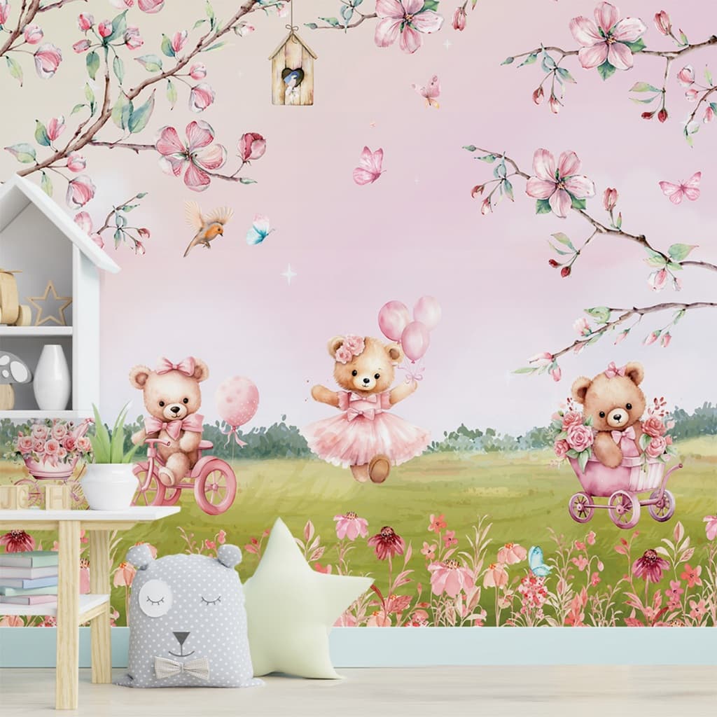Papel De Parede Infantil Adesivo Decorativo Quarto Menina Ursinhas Floral