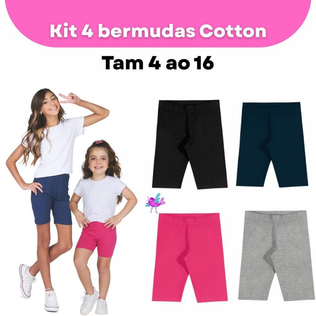 Kit 4 Bermudas Ciclista Infantil Juvenil Feminino Cotton com Elastano