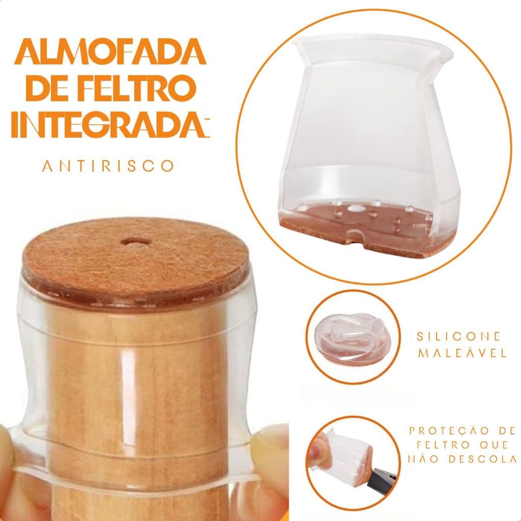 Protetores de Piso Pé de Cadeira 16 Peças Silicone Transparente Feltro Antirruído Antiderrapante