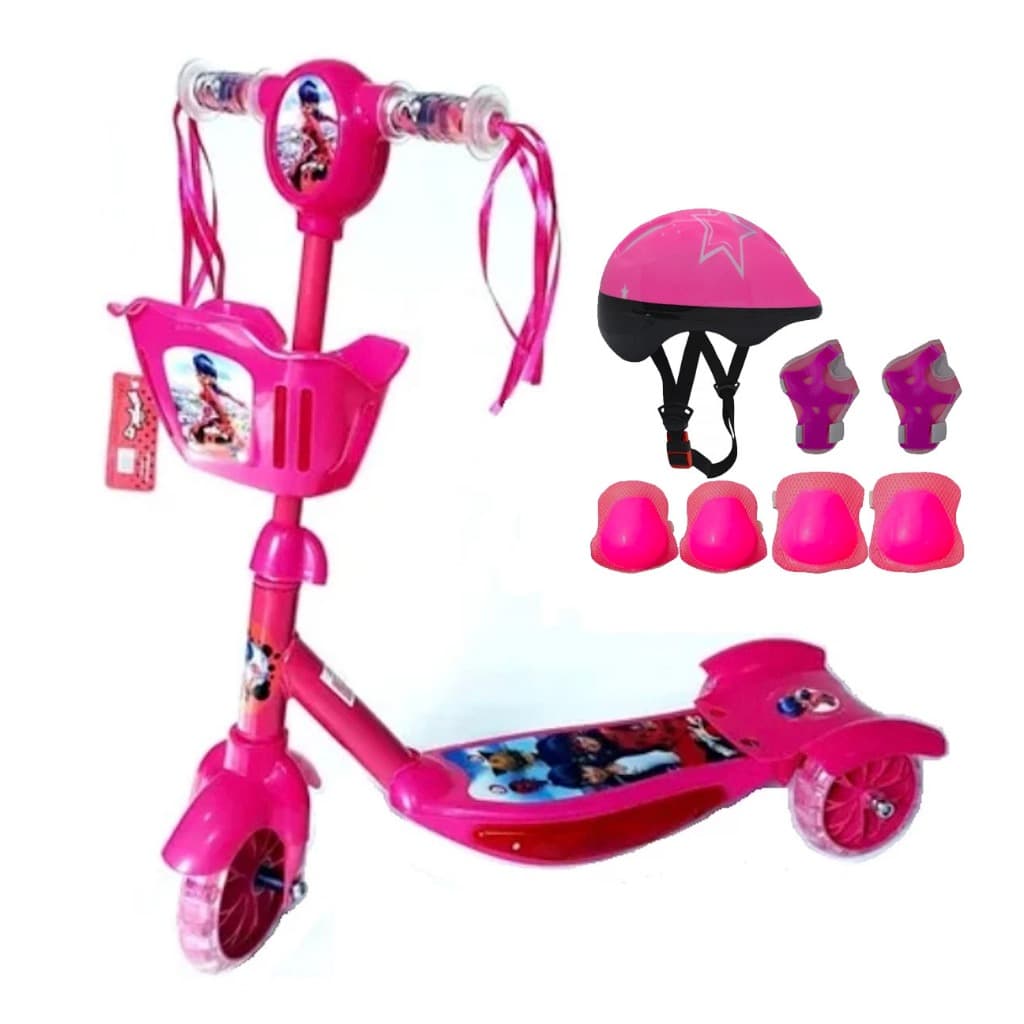 Patinete Infantil Menina Musical com Luzes LED 3 Rodas e Cesta - Lançamento Promocional