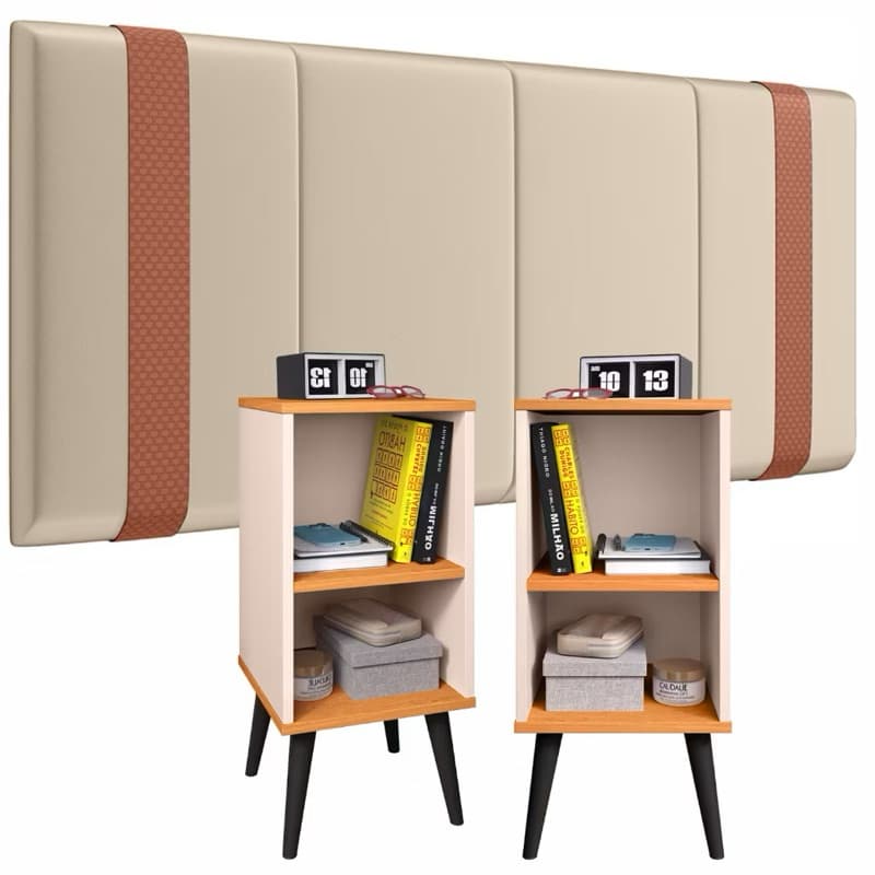 Kit Quarto Completo Mesa Cabeceira Charme + Cabeceira Parise 1,40x0,55 com detalhe em couro