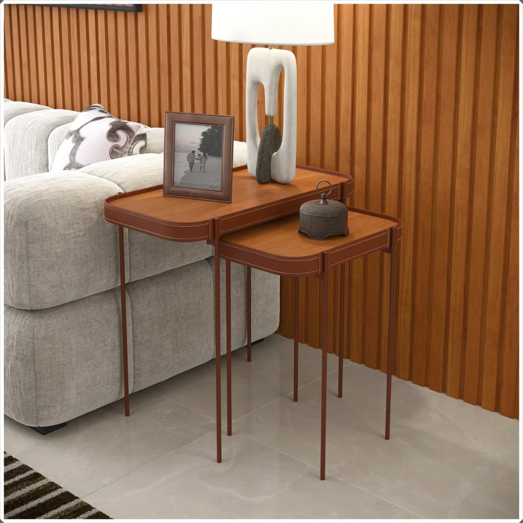 Mesa Lateral Decorativa Melin com Pés Cobre e Acabamento em Couro – Cor Nature