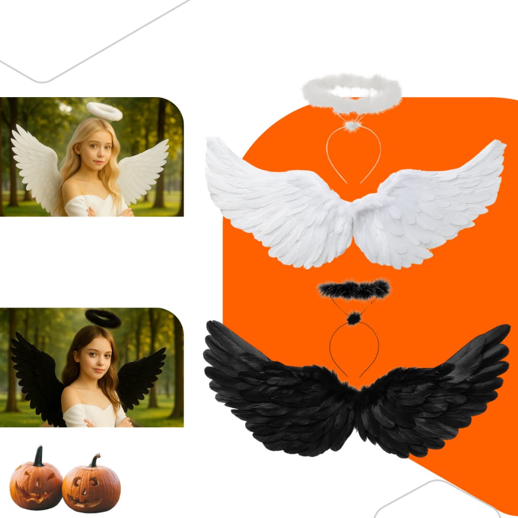 Kit Fantasia Asa Anjo e Tiara Fantasia Halloween Carnaval Festas Luxo Premium