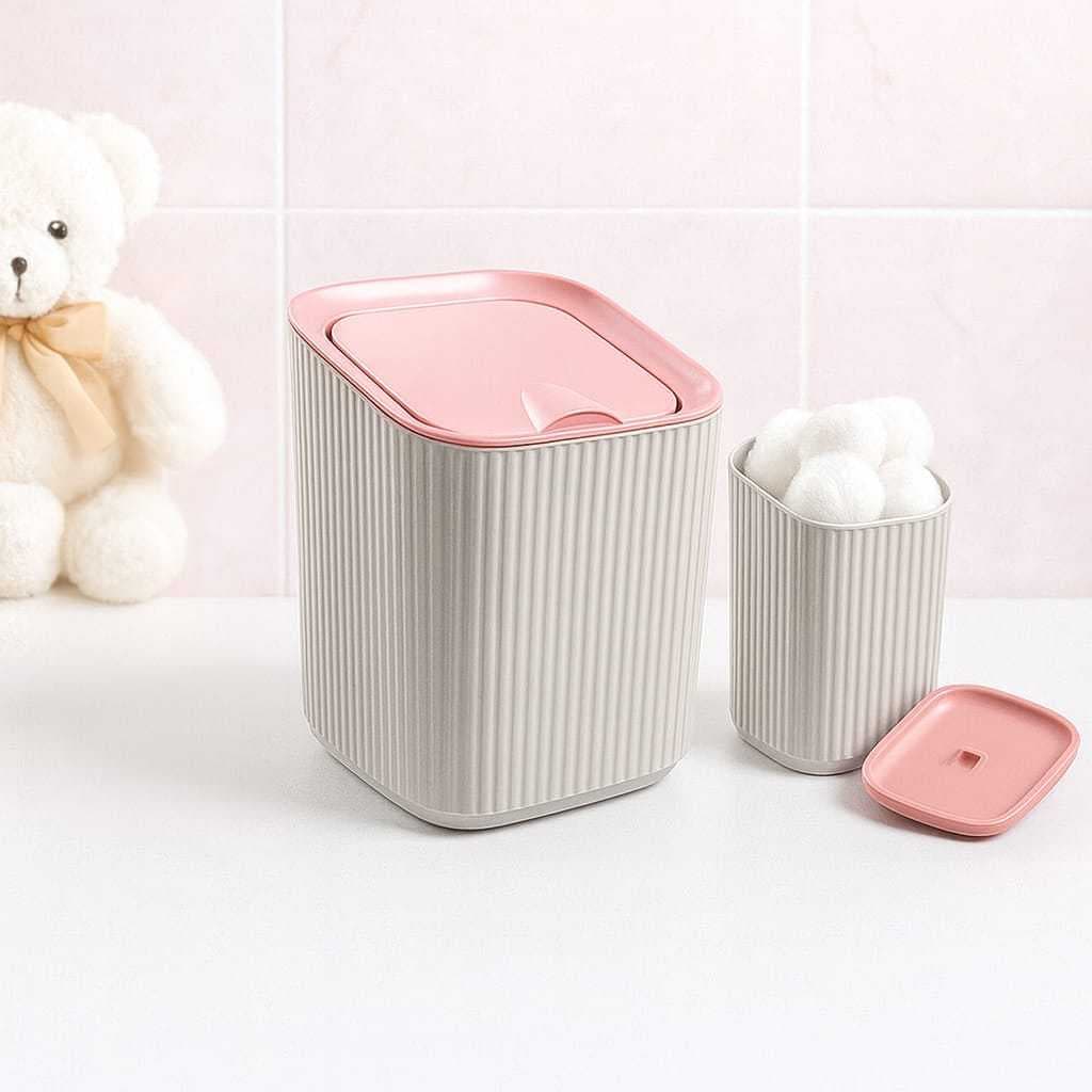 Kit 2 Pecas Com Lixeira Com Tampa 1,25 Litros + Porta Algodao Linha Baby  Organização E Praticidade