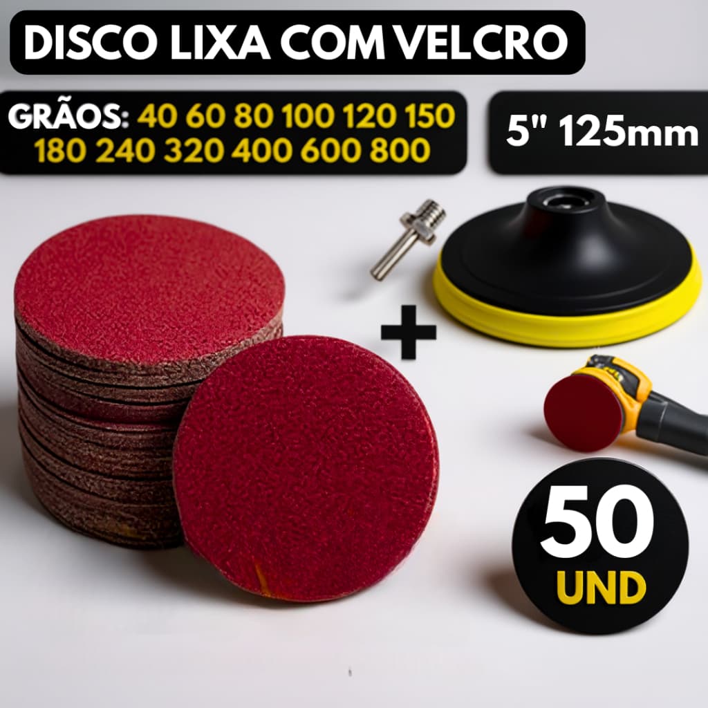 Kit Base Suporte Disco 125mm + 50 Lixas Sem Furos Com Velcro 5" Furadeira Esmerilhadeira